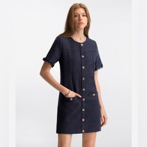 NWT Navy Button Front Tweed Dress